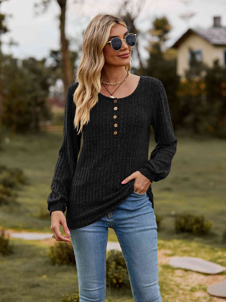 Round Neck Button-Down Long Sleeve Tee | 1mrk.com