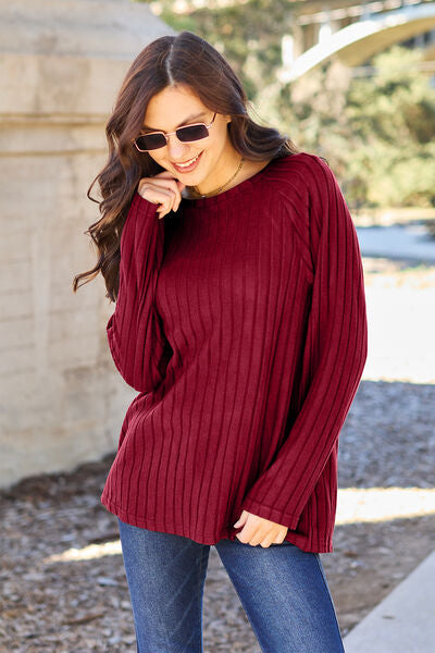 Basic Bae Full Size Ribbed Round Neck Long Sleeve Knit Top | 1mrk.com