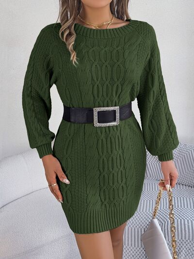 Cable-Knit Round Neck Sweater Dress |1mrk.com