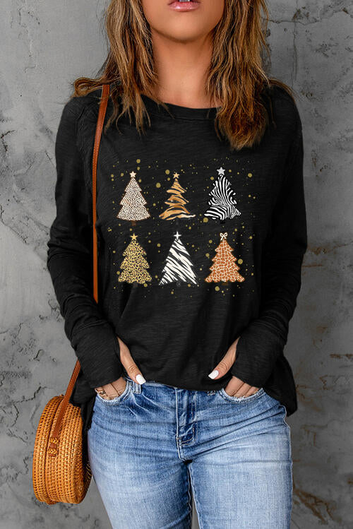 Christmas Tree Graphic Round Neck Long Sleeve T-Shirt | 1mrk.com