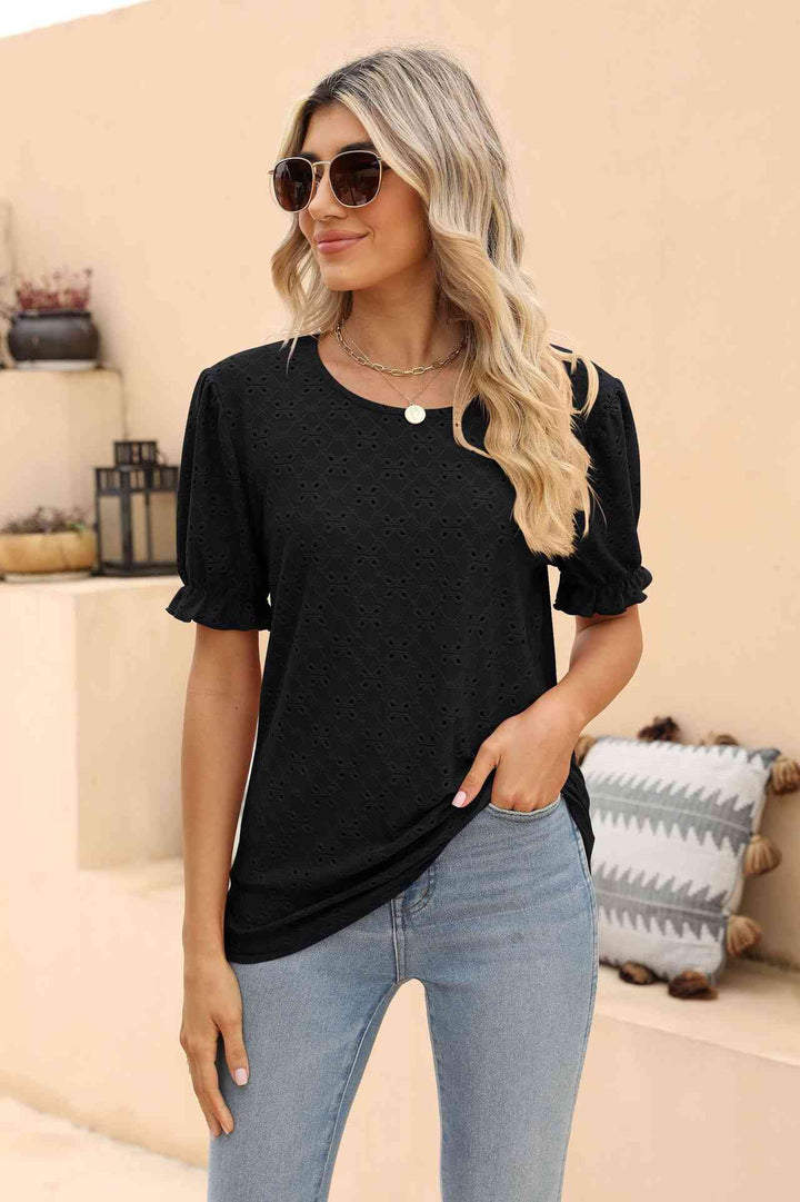 Openwork Round Neck Flounce Sleeve T-Shirt | 1mrk.com