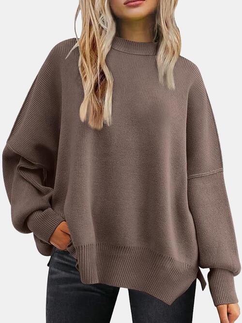 Round Neck Drop Shoulder Slit Sweater |1mrk.com