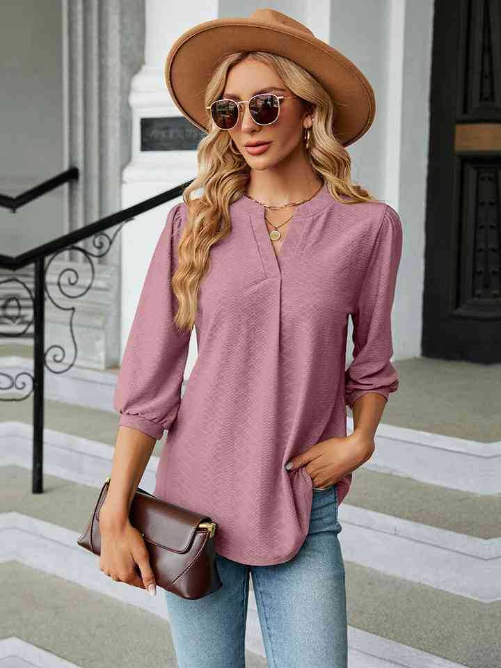 Notched Neck Three-Quarter Sleeve Blouse | 1mrk.com