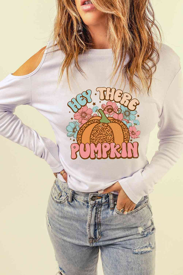 Asymmetrical HEY THERE PUMPKIN Graphic Cold Shoulder Tee | 1mrk.com