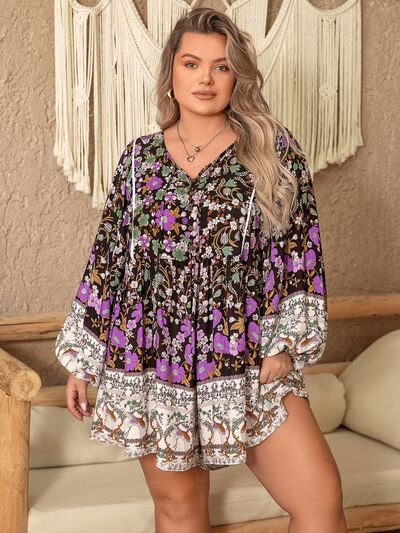 Plus Size Printed Tie Neck Mini Dress |1mrk.com