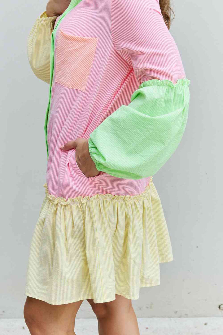 Davi & Dani Flying Colors Full Size Colorblock Long Sleeve Shirt Dress | 1mrk.com