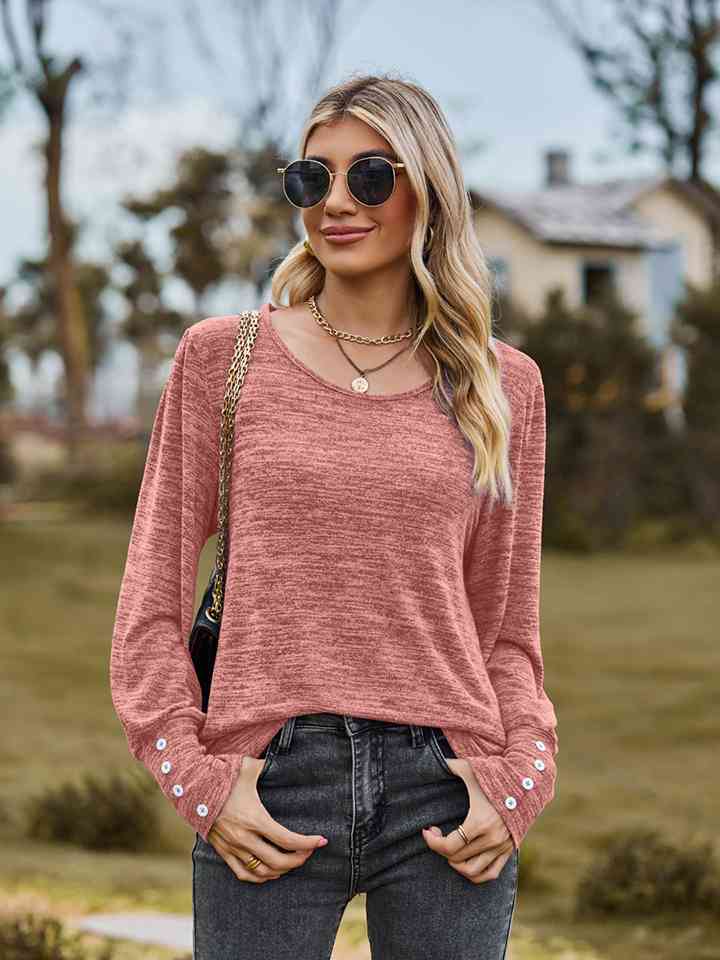 Round Neck Long Sleeve Buttoned T-Shirt | 1mrk.com