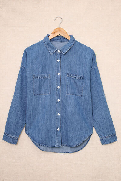 Pocketed Button Up Collared Neck Denim Top | 1mrk.com