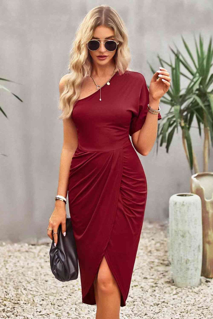 Ruched One-Shoulder Tulip Hem Dress | 1mrk.com