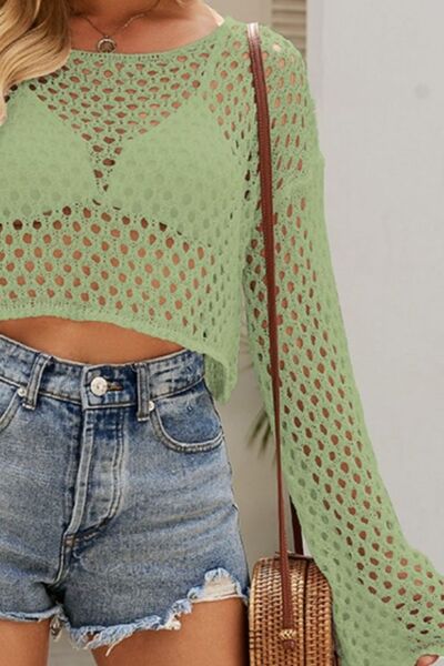 Openwork Round Neck Dropped Shoulder Knit Top |1mrk.com