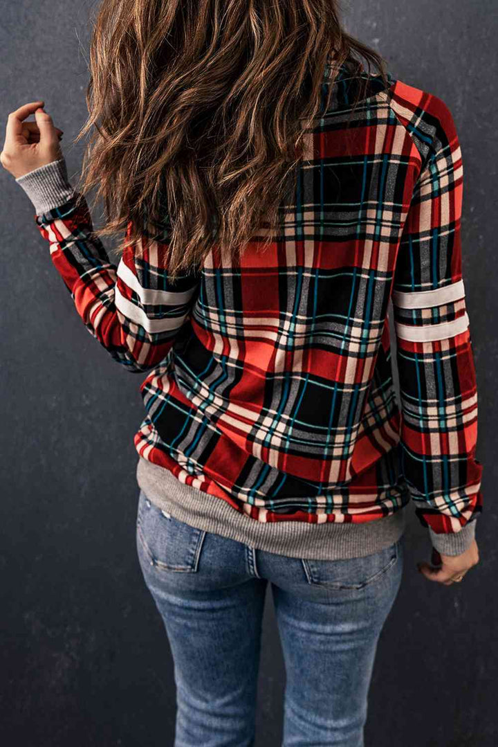 Plaid Drawstring Long Sleeve Sweatshirt |1mrk.com