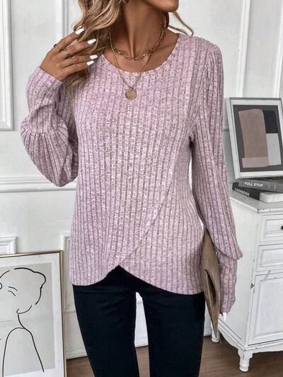 Ribbed Round Neck Long Sleeve Knit Top |1mrk.com