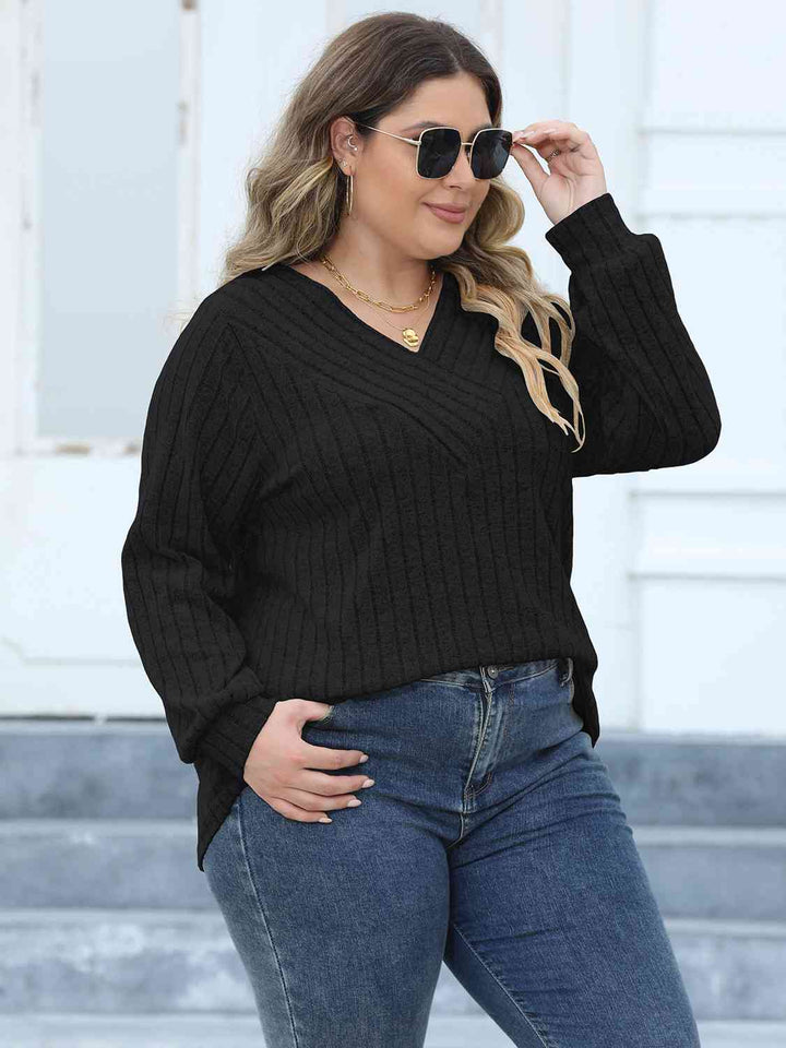 Plus Size Ribbed V-Neck Long Sleeve Top | 1mrk.com