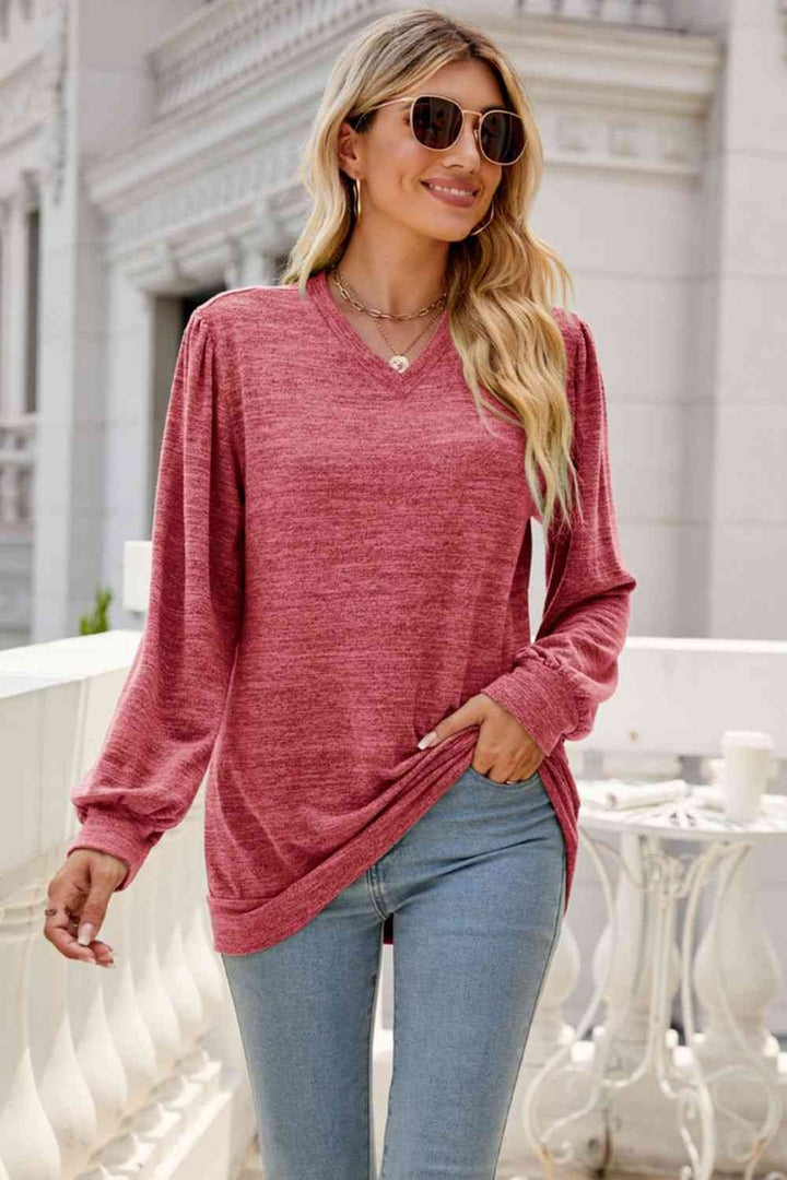 Long Puff Sleeve V-Neck Top | 1mrk.com