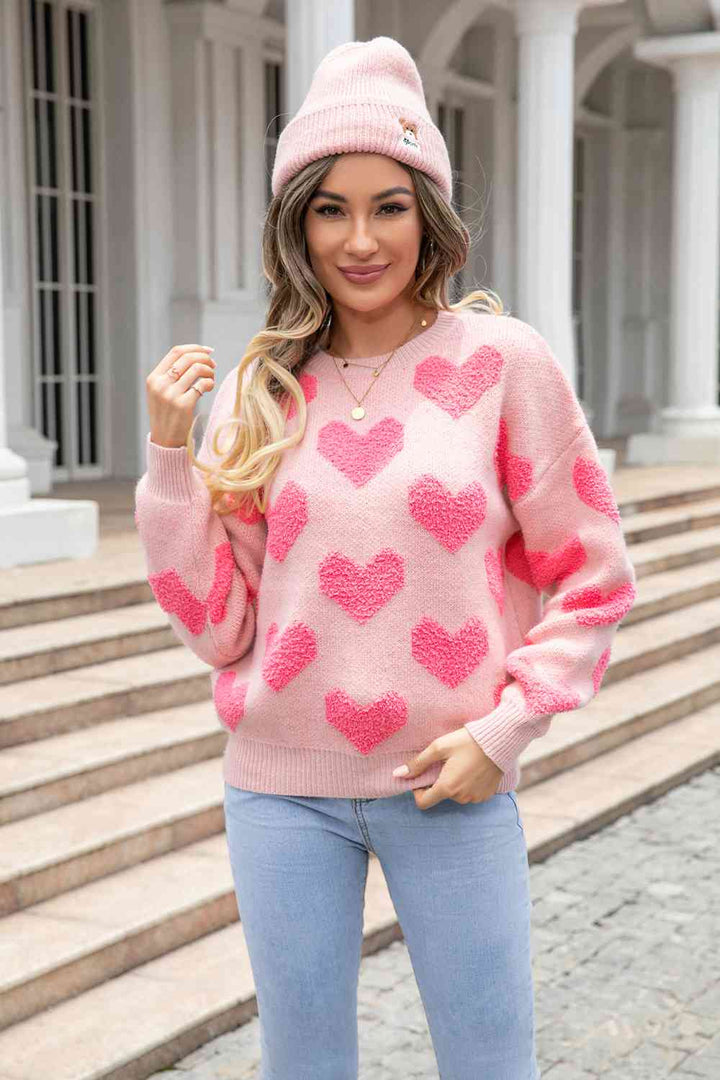 Round Neck Dropped Shoulder Sweater with Heart Pattern |1mrk.com