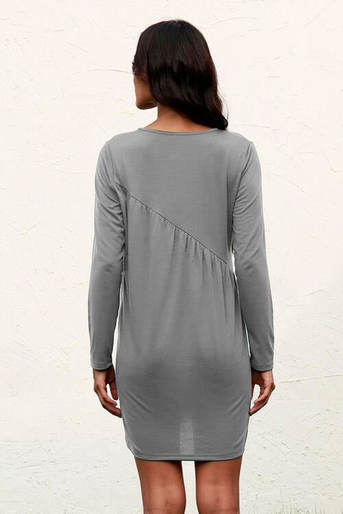 Ruched Round Neck Long Sleeve Dress | 1mrk.com