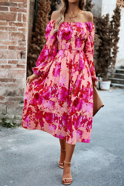 Printed Balloon Sleeve Pocketed Midi Dress |1mrk.com