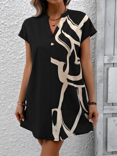 Printed Notched Short Sleeve Dress |1mrk.com