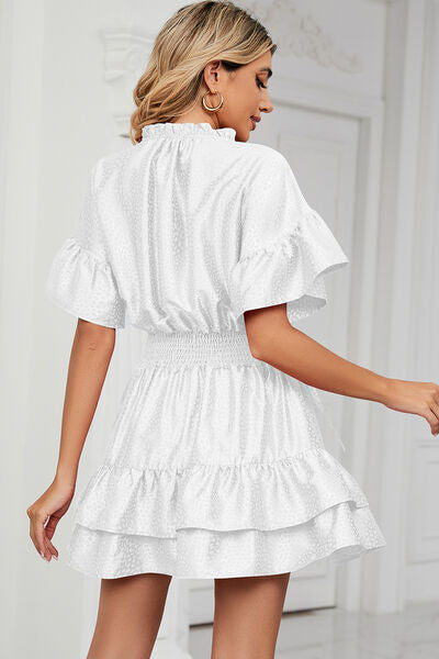 Smocked Tie Neck Flounce Sleeve Dress |1mrk.com