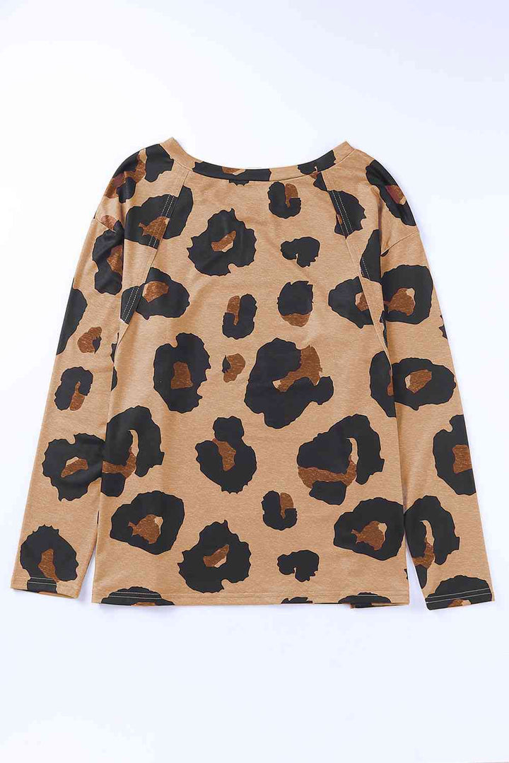 Full Size Leopard Print Round Neck Long Sleeve Tee | 1mrk.com