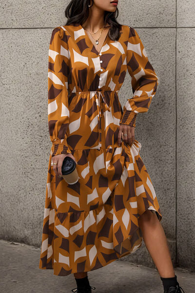 Printed Tied Pocketed Lantern Sleeve Dress | 1mrk.com