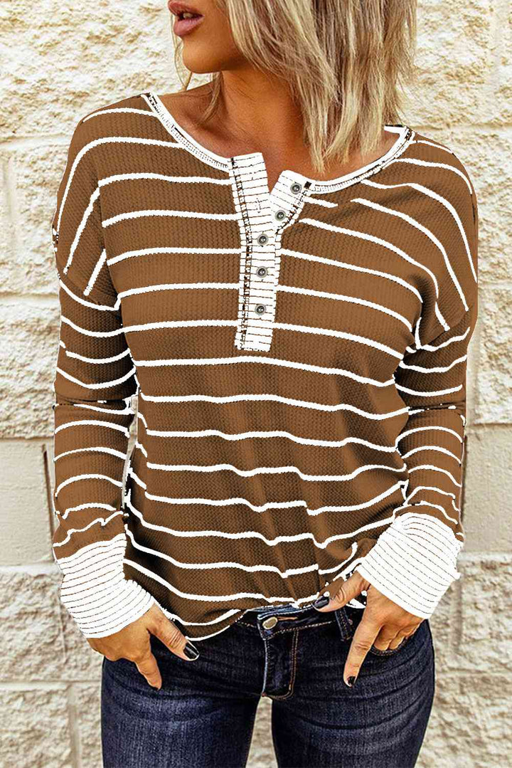 Striped Waffle Knit Henley Long Sleeve Top | 1mrk.com