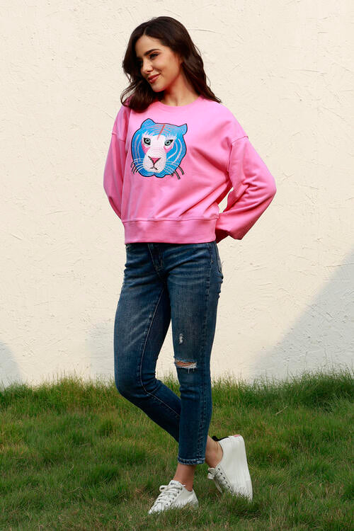 Tiger Embroidered Drop Shoulder Sweatshirt |1mrk.com