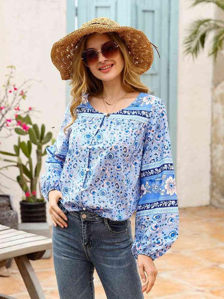 Full Size Bohemian Round Neck Balloon Sleeve Shirt |1mrk.com