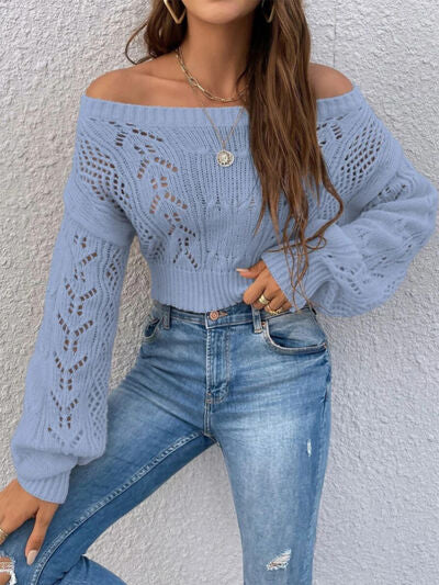 Openwork Off-Shoulder Long Sleeve Sweater | Trendsi