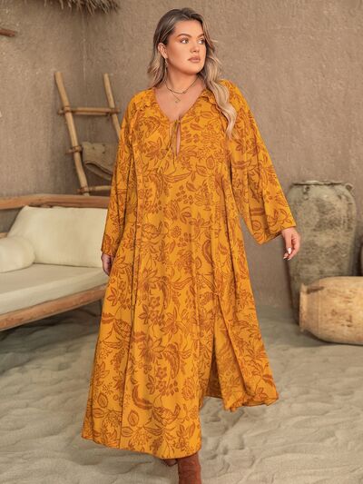 Plus Size Printed Slit Long Sleeve Dress |1mrk.com