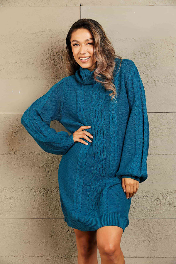 Woven Right Mixed Knit Turtleneck Lantern Sleeve Sweater Dress |1mrk.com