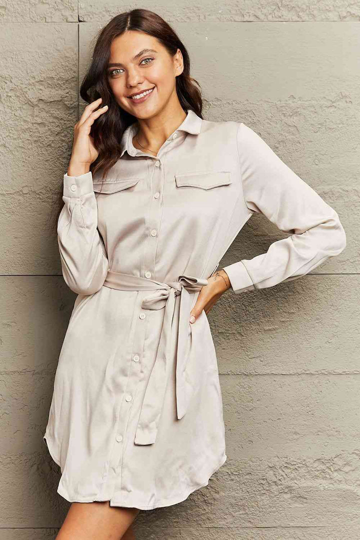 Collared Neck Tie Waist Long Sleeve Buttoned Dress |1mrk.com