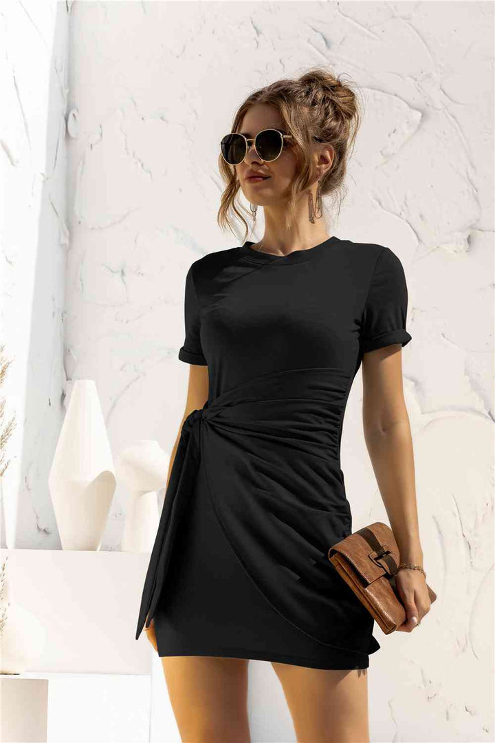 Round Neck Cuffed Sleeve Side Tie Dress |1mrk.com