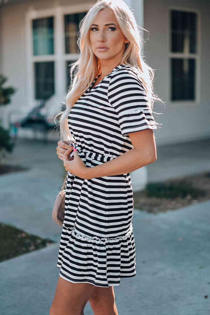 Striped Tie-Waist Frill Trim V-Neck Dress |1mrk.com