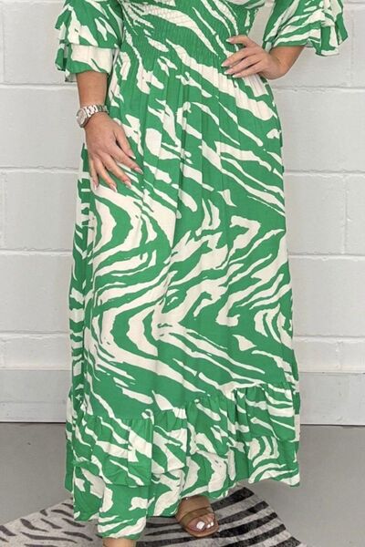 Smocked Printed Flounce Sleeve Maxi Dress | 1mrk.com