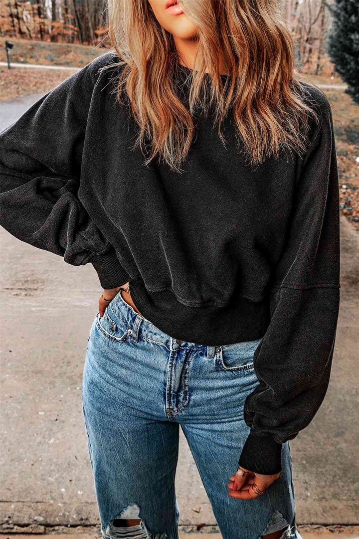 Double Take Round Neck Open Back Sweatshirt |1mrk.com