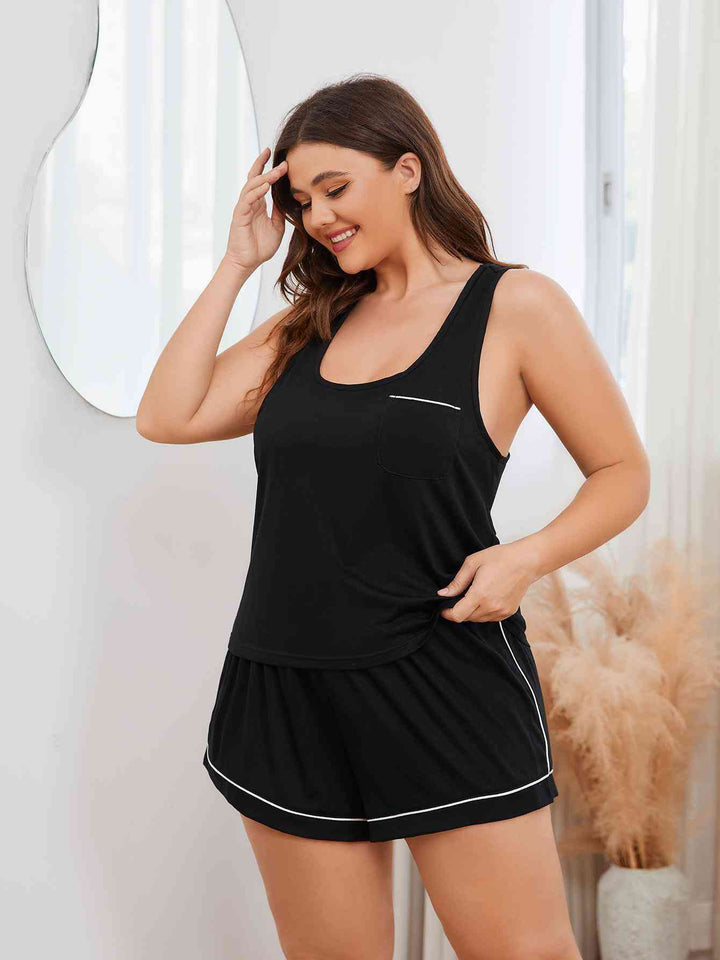 Plus Size Contrast Piping Racerback Tank and Shorts Lounge Set | 1mrk.com