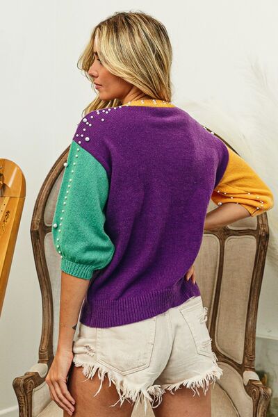 BiBi Color Block Pearl Detail Round Neck Sweater |1mrk.com