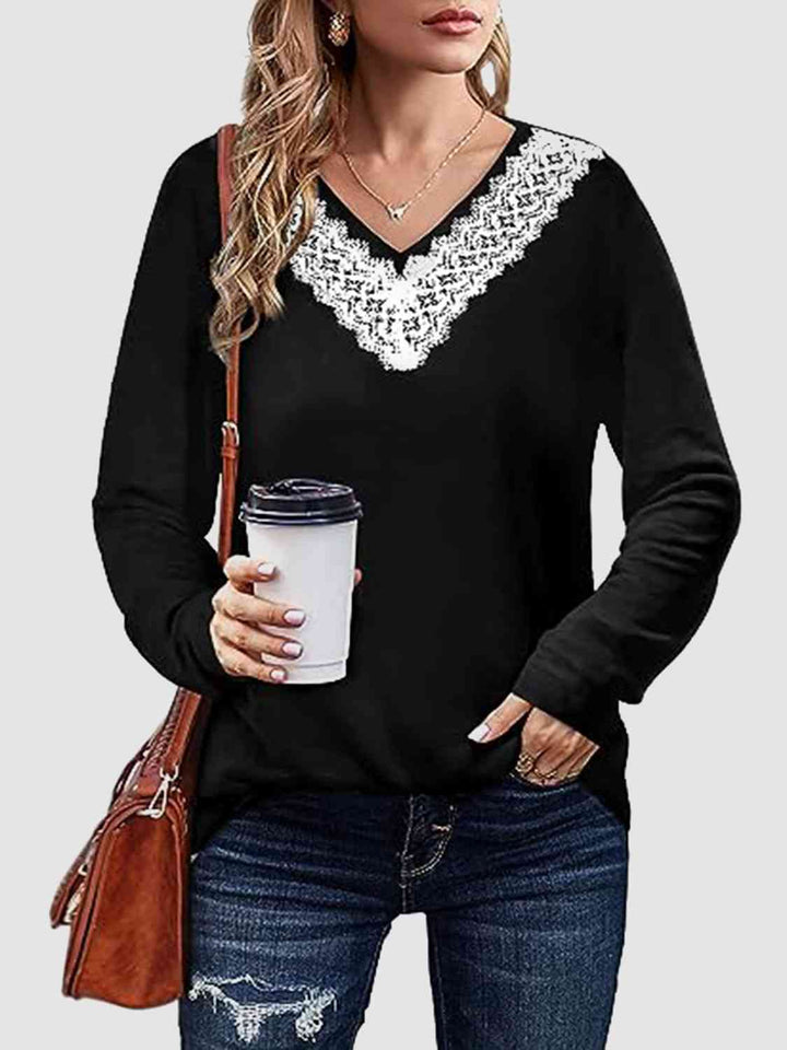 Lace Detail V-Neck Long Sleeve Top | 1mrk.com