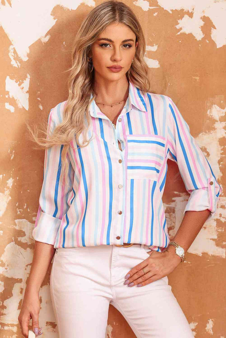 Double Take Striped Long Sleeve Collared Shirt |1mrk.com
