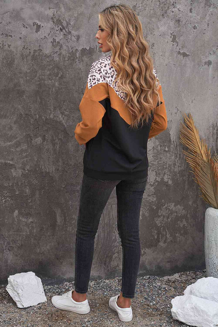 Leopard Color Block Quarter-Zip Sweatshirt |1mrk.com