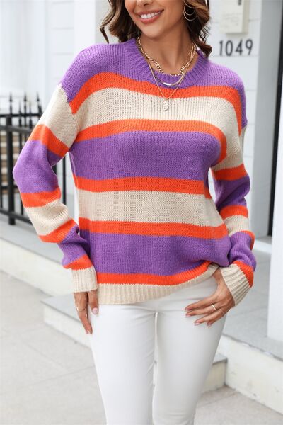 Color Block Round Neck Dropped Shoulder Sweater |1mrk.com