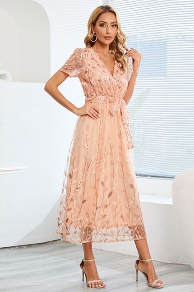 Sequin Leaf Embroidery Tie Front Short Sleeve Dress |1mrk.com