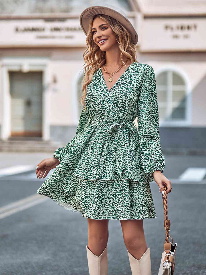 Long Sleeve Tie Waist Layered Dress |1mrk.com