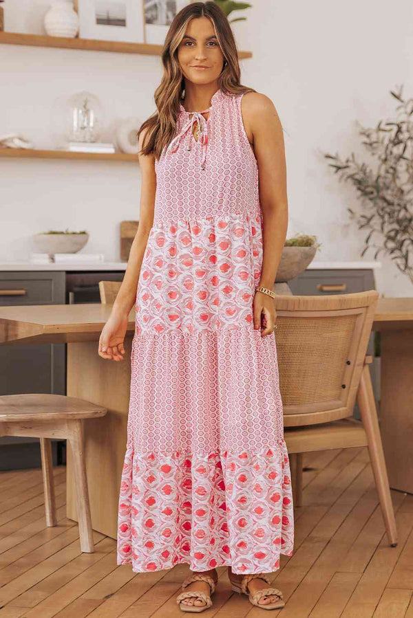 Mixed Print Tie-Neck Sleeveless Maxi Dress |1mrk.com