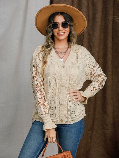 Eyelet Button Up Lantern Sleeve Cardigan |1mrk.com