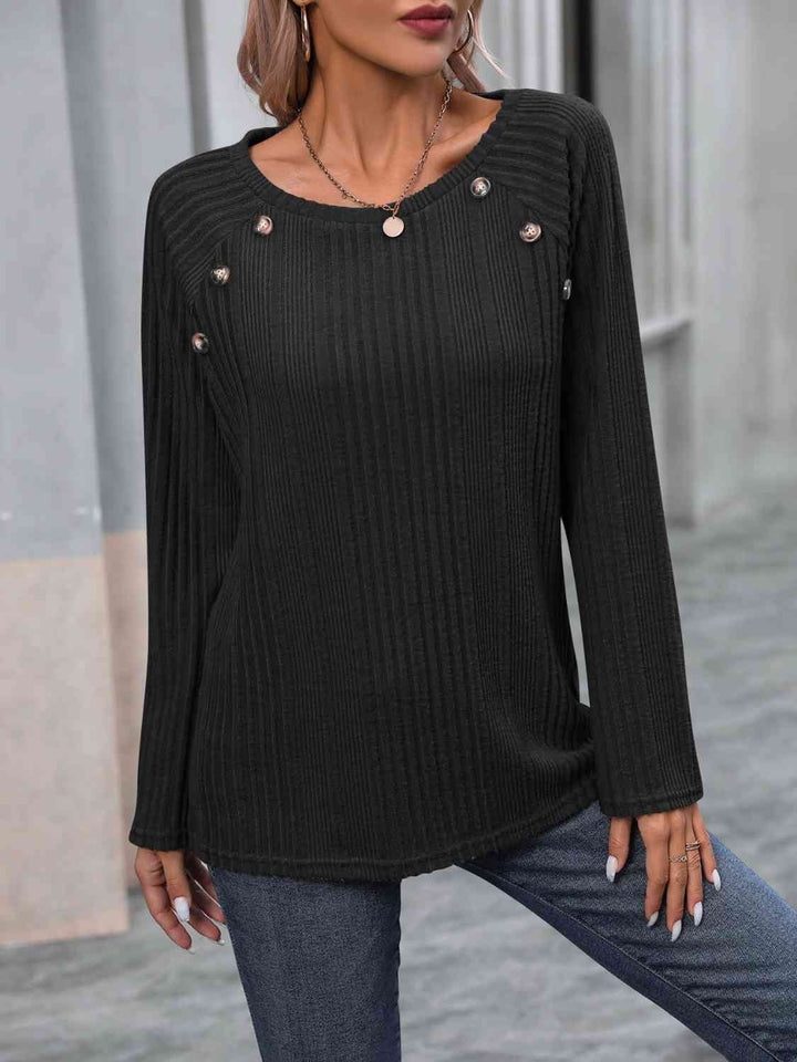 Ribbed Buttoned Round Neck Long Sleeve T-Shirt | 1mrk.com