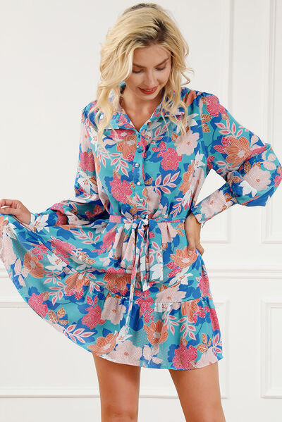 Floral Tie Waist Lantern Sleeve Ruffled Hem Mini Dress |1mrk.com