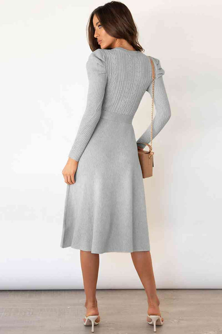 Round Neck Long Sleeve Tie Waist Sweater Dress | 1mrk.com