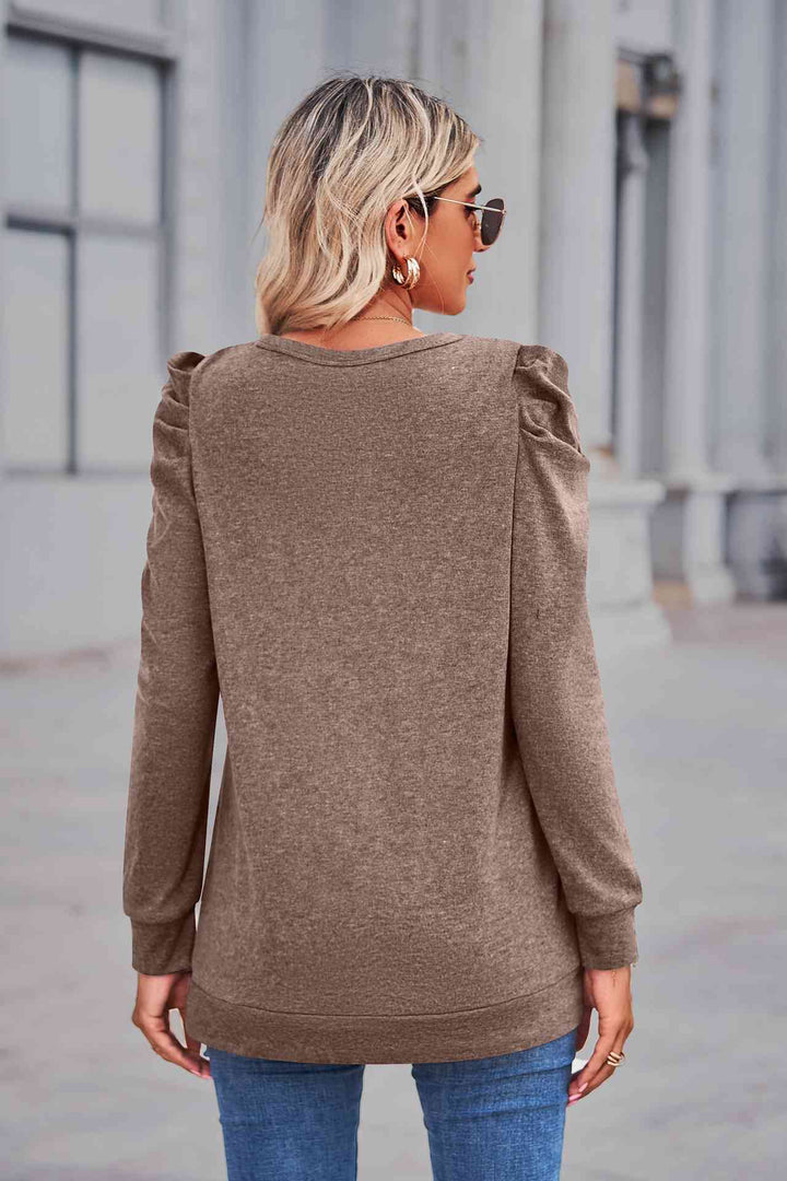 Heathered Puff Sleeve Round Neck Tunic Top | 1mrk.com